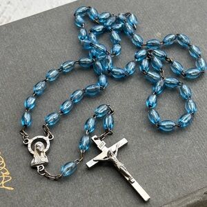 Blue Beaded Rosary Necklace
